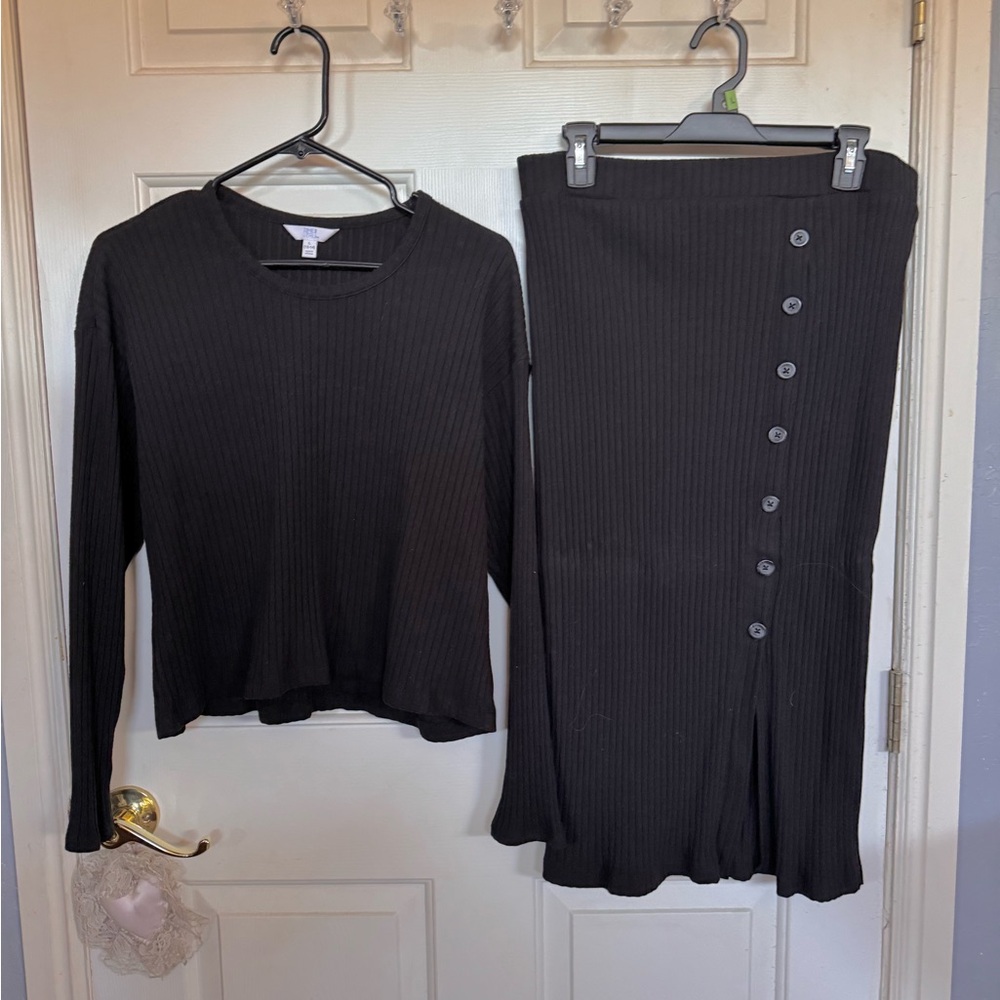 Black Button-Down Skirt And Shirt Set